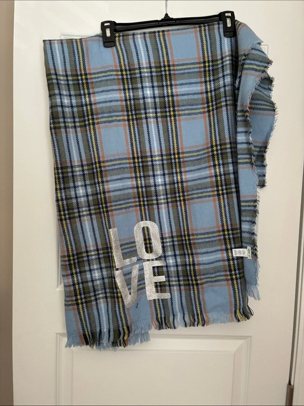 aerie Blue Plaid scarf/blanket with Silver 'LOVE' Appliqué